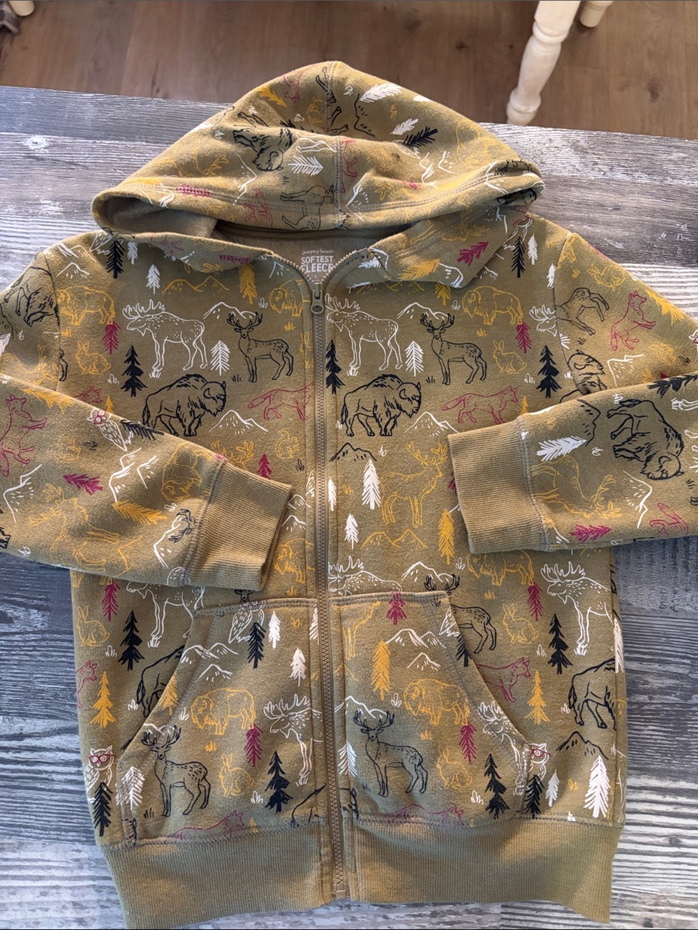 Kids Olive Green Fleece Animal Print Zip Hoodie